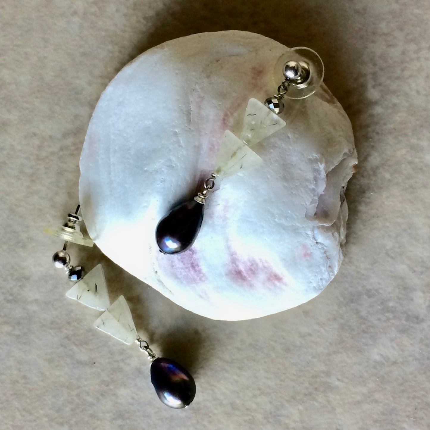 Tourmalinated Quartz & Black Pearl Earrings