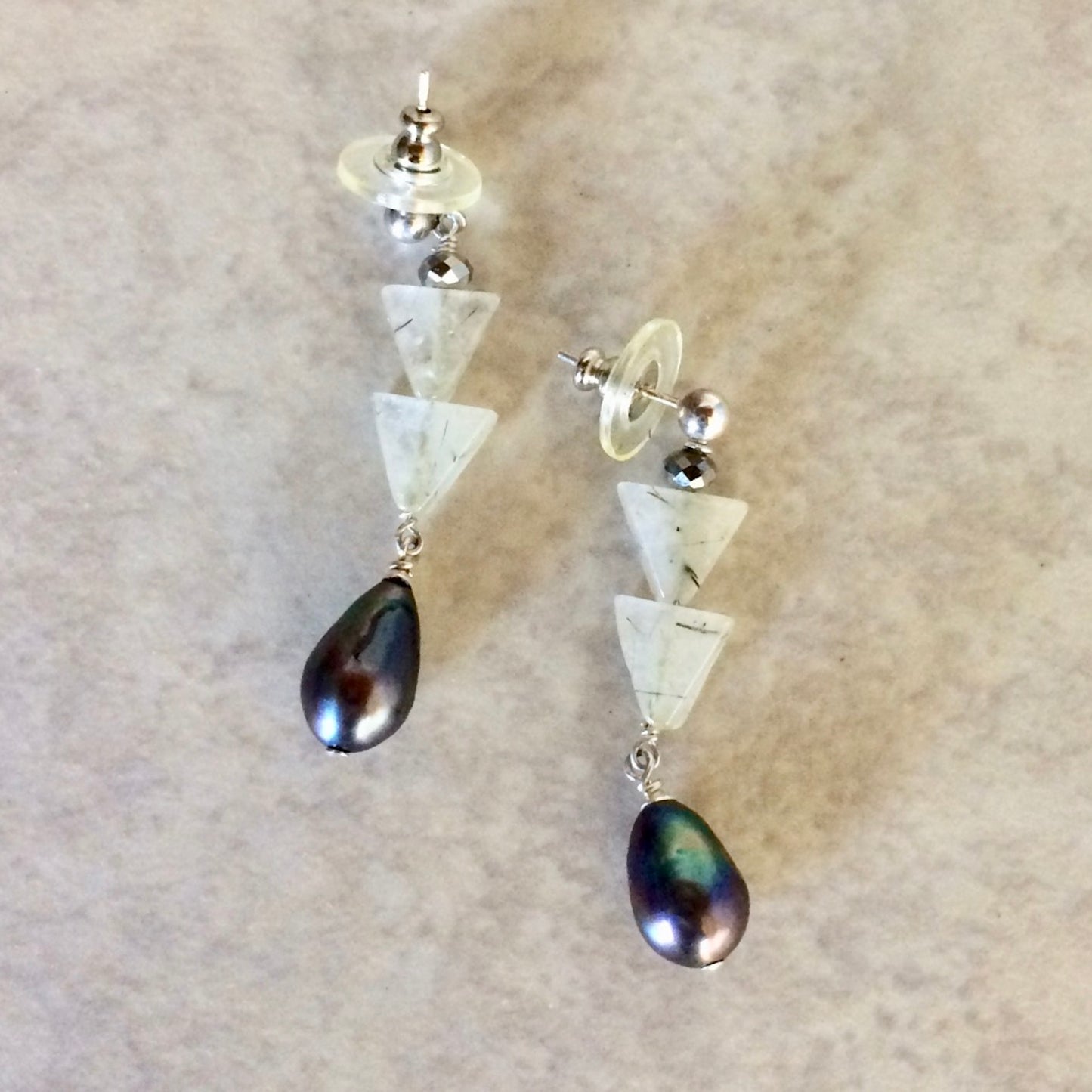 Tourmalinated Quartz & Black Pearl Earrings