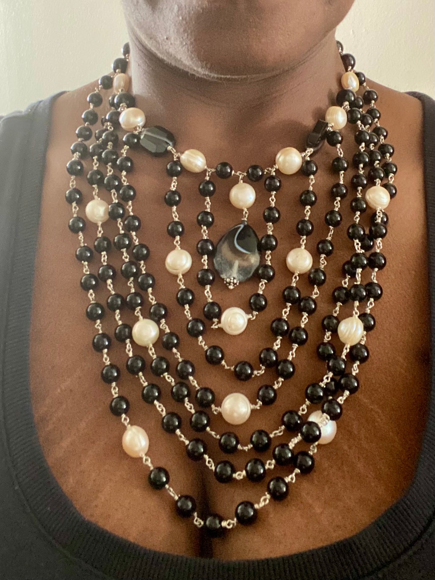 Six Strand Agate & Pearl Bib Necklace