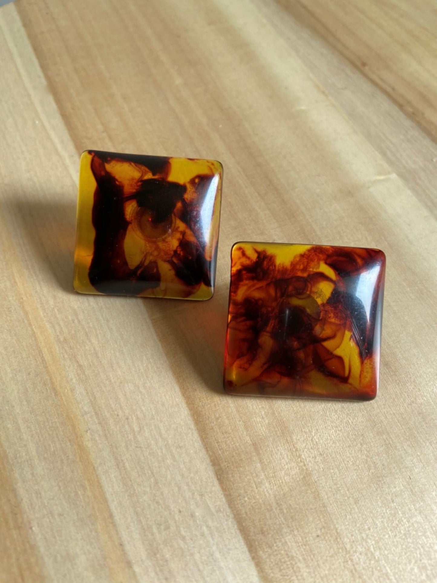Vintage Faux Tortoise Shell Large Puffed Square Earrings