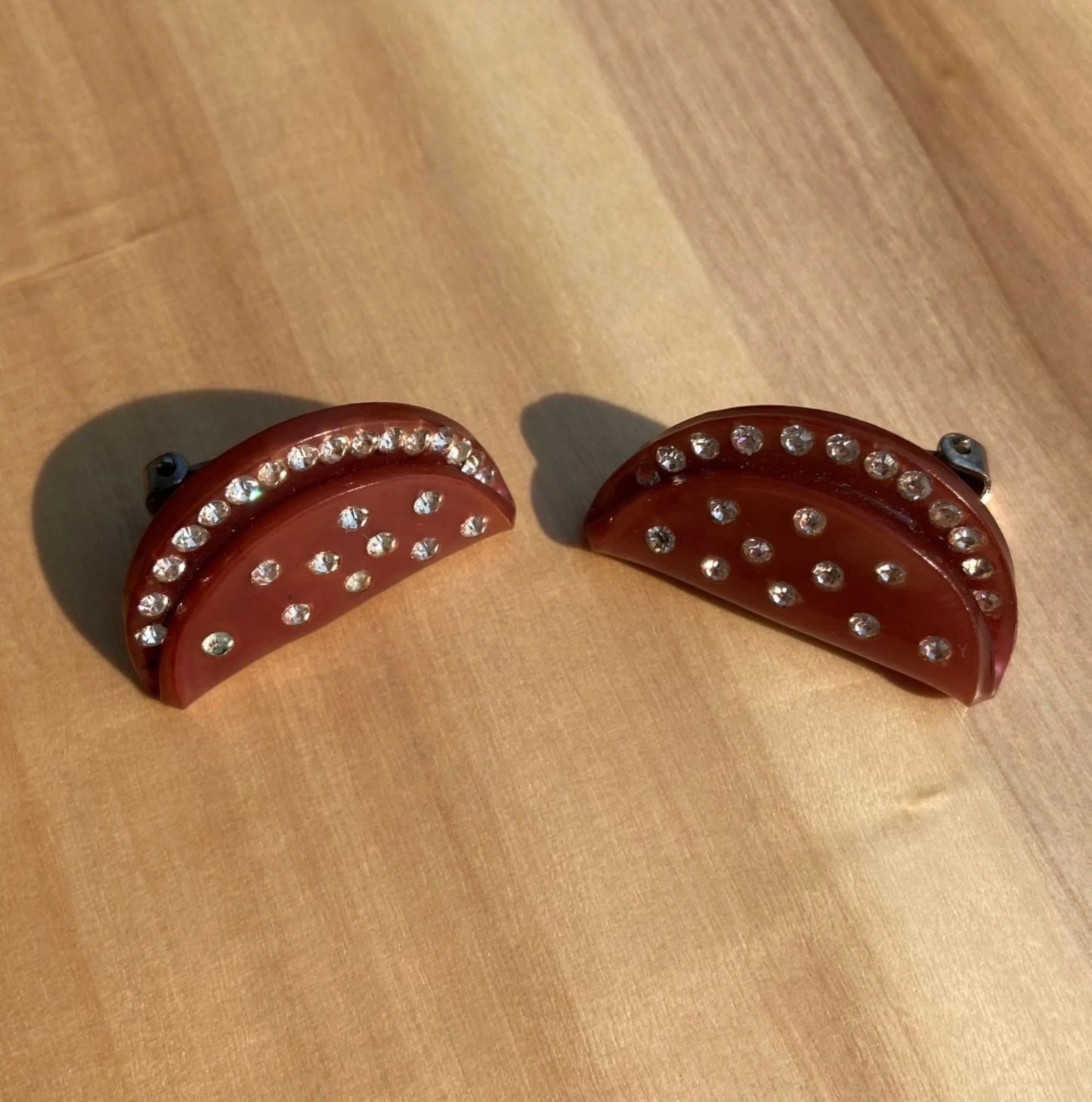 1950's Half Moon Lucite & Rhinestone Clip-on Earrings