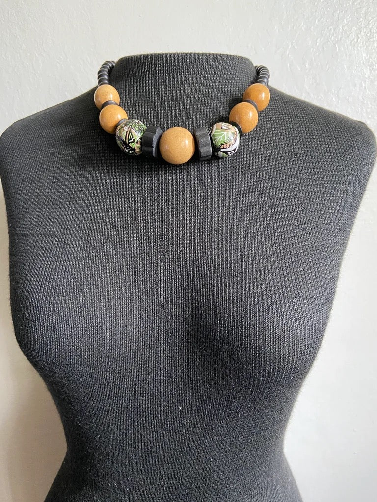 Vintage Ceramic Seed & Wood Bead Necklace