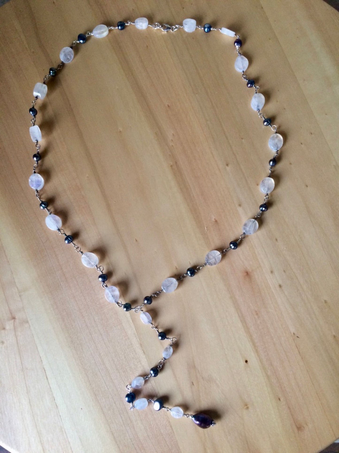 Moonstone & Pearl Lariat Necklace