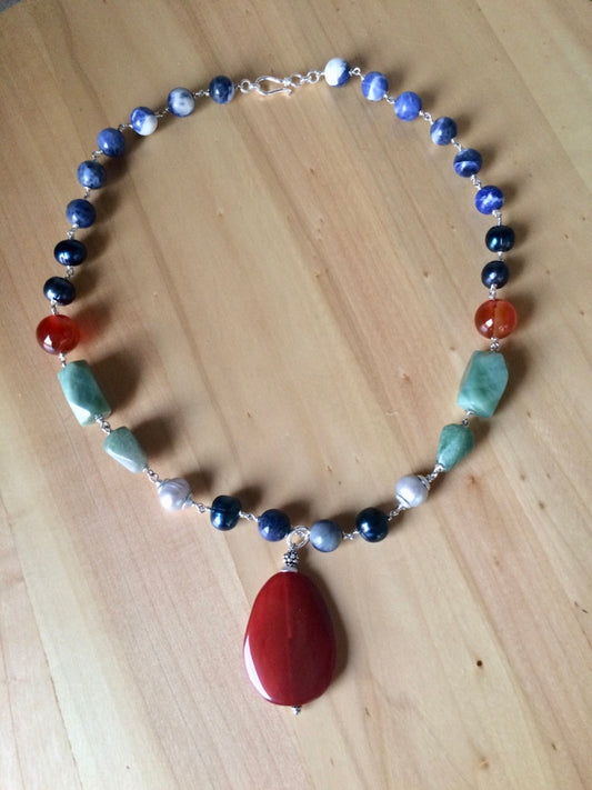 Agate Pendant & Multi Gemstone Necklace