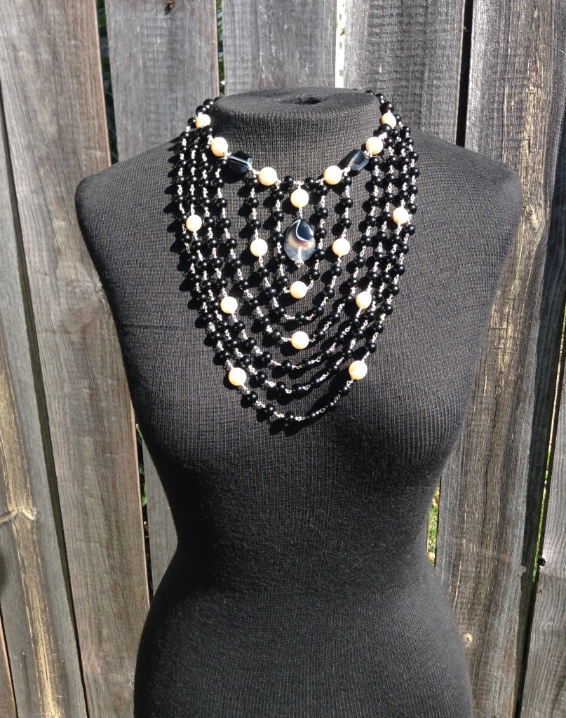 Six Strand Agate & Pearl Bib Necklace