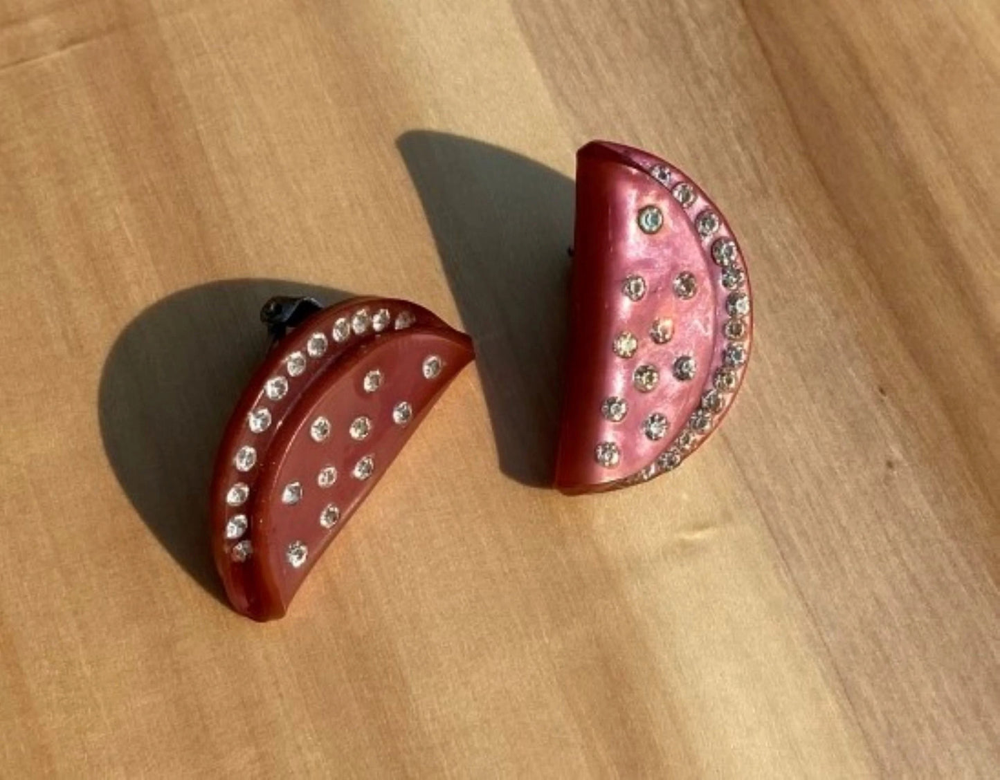 1950's Half Moon Lucite & Rhinestone Clip-on Earrings