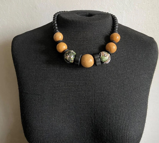 Vintage Ceramic Seed & Wood Bead Necklace