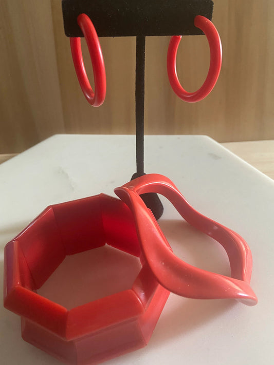 1980's Vintage Red Bracelets & Earring Set