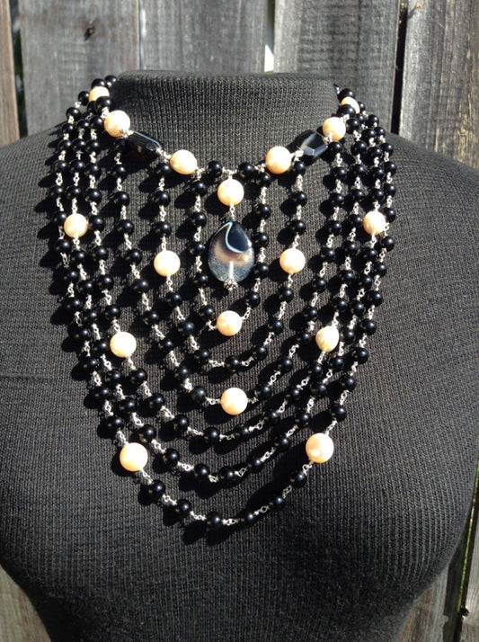 Six Strand Agate & Pearl Bib Necklace