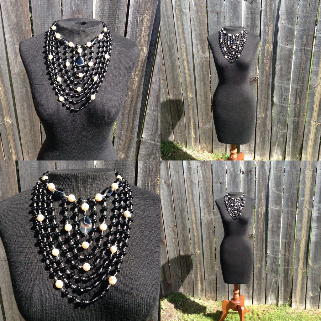 Six Strand Agate & Pearl Bib Necklace
