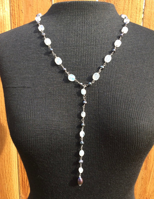 Moonstone & Pearl Lariat Necklace